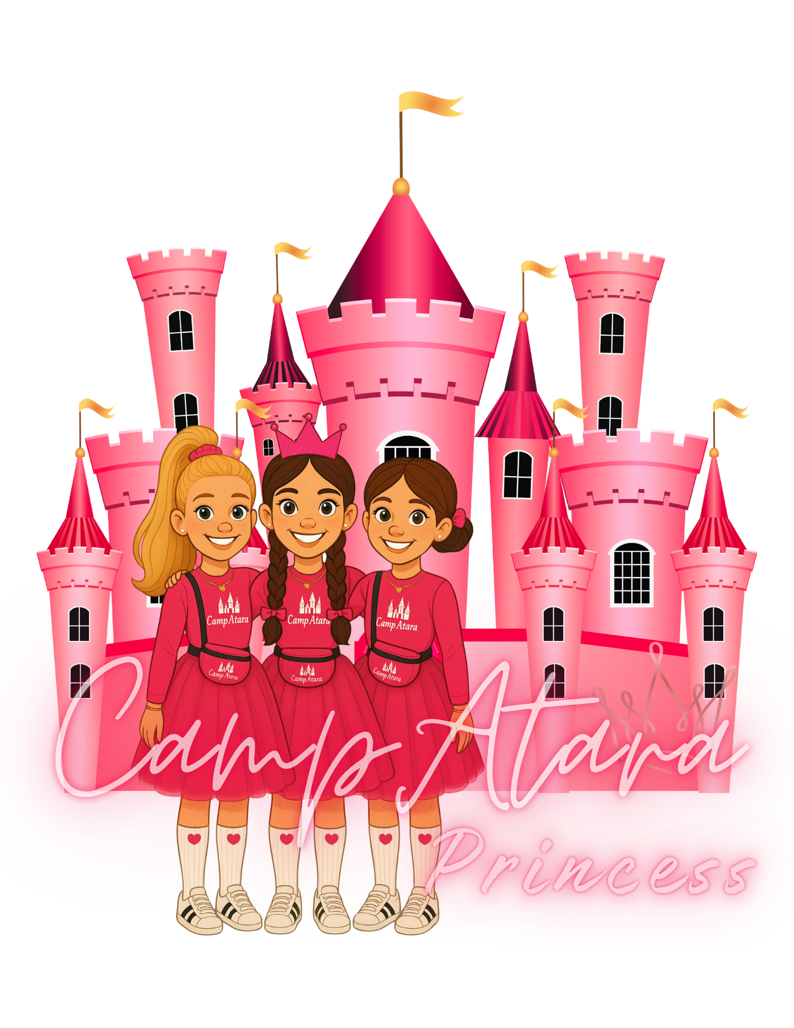 Camp Atara Princess castle with three smiling campers in red outfits